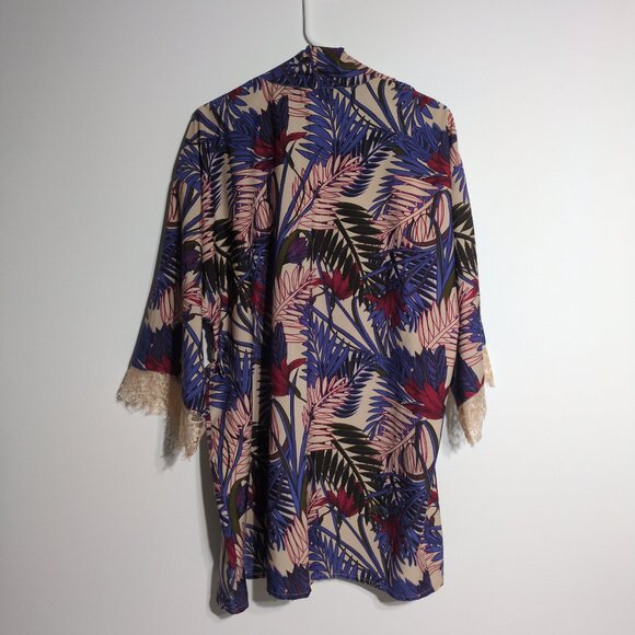 Japna Lounge Kimono Cardigan Womens Medium Tropical Leaves Lace 3/4 Sleeve - Picture 3 of 10